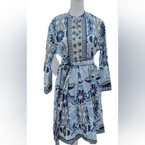 Blue Floral Print Belted Shirt Dress